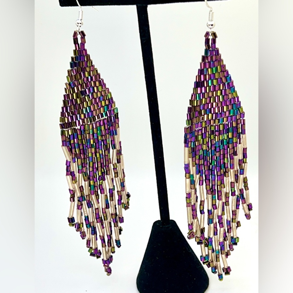 Purple Rainbow Seed Bead Dangle Earrings with 925 Ear Hooks